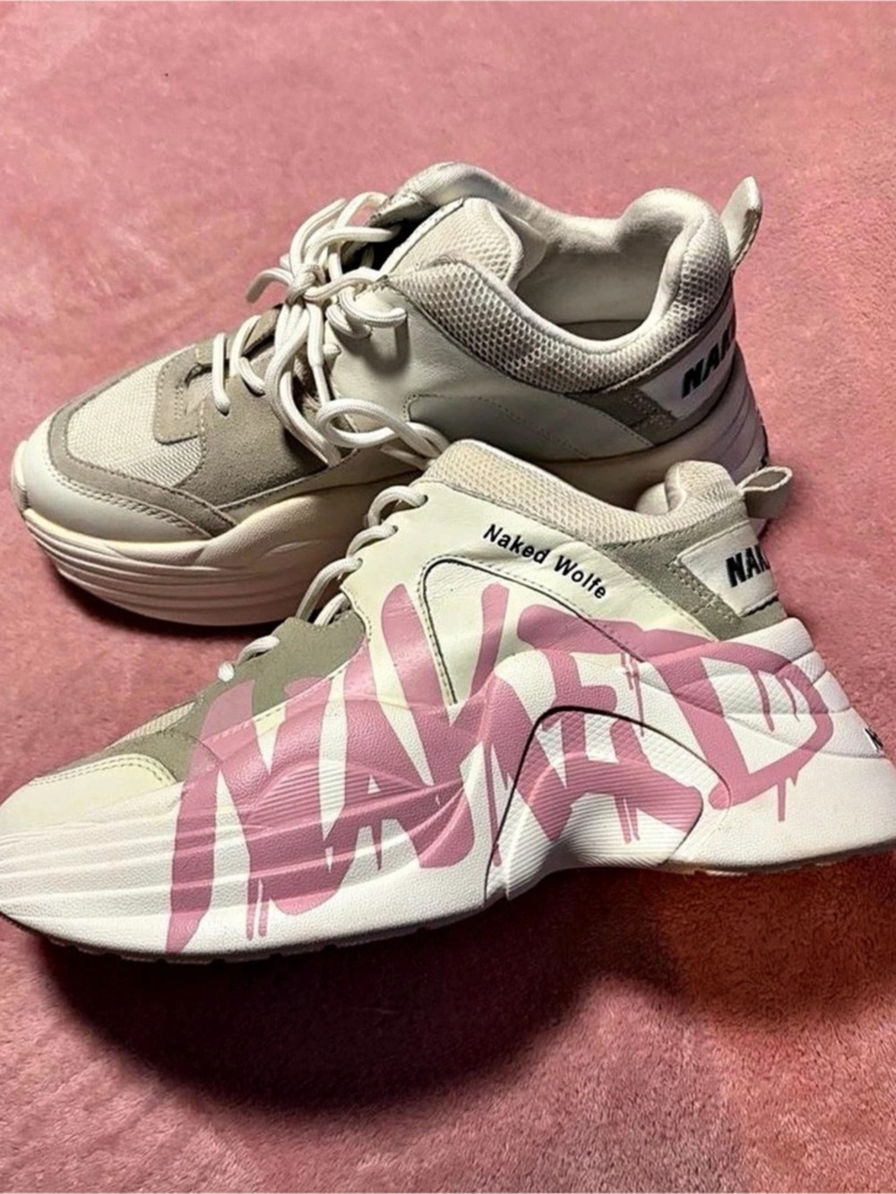 Naked Wolfe Platform Graphic Sneakers in White & Pink Like New